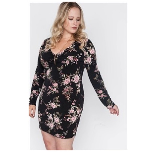 ✄🏷Plus Sz Black Floral Long Sleeve Mini Dress - Picture 4 of 6
